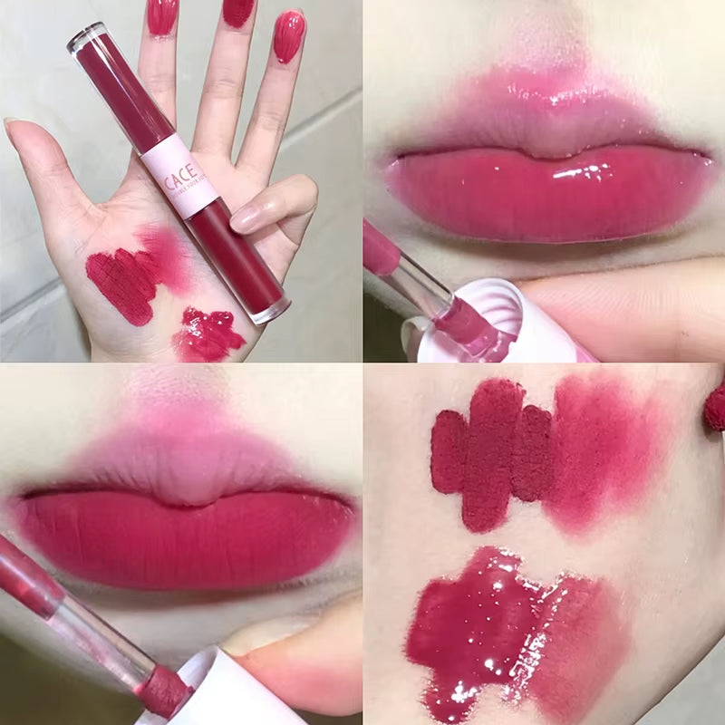 Brillo de labios de doble cabeza resistente al agua - Tinte mate de larga duración con acabado terciopelo y efecto sexy en color rojo