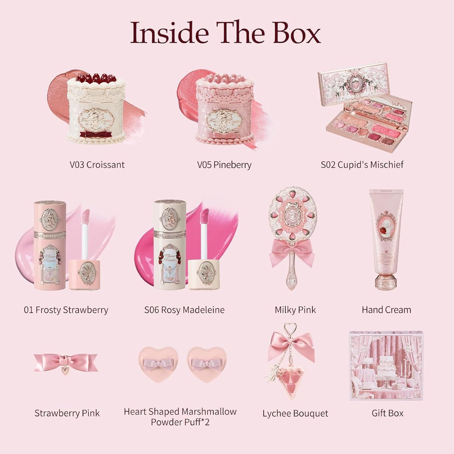 Cake Charm Set,Strawberry Cupid 12-Piece Makeup Gift Box Set,Lip Cream+Liquid Blush+Makeup Palette+Hand Mirror+Solid Perfume+Hair Clip+Cushion Powder Puff+Eyeshadow Brush+Gift Box