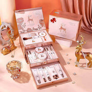 20 pcs makeup set box with lipstick, eyeshadow, brushes, and skincare products in a pink gift box with deer design