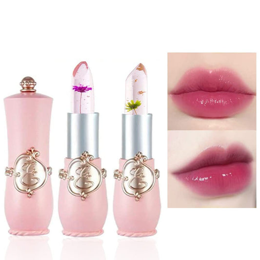 2Pcs Color Changing Lipstick,Pink Crystal Flower Jelly PH Mood Long Lasting Labiales Lip Care Moisturizer Lip Balm Korean Magic Lip Gloss Lip Tinted Stain Makeup Set for Women