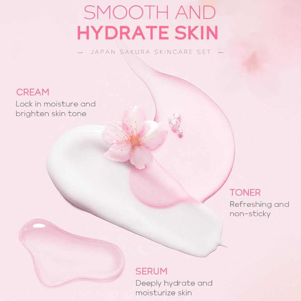 Sakura skincare kit with cream, toner, serum, and cherry blossom extract for smooth, hydrated skin