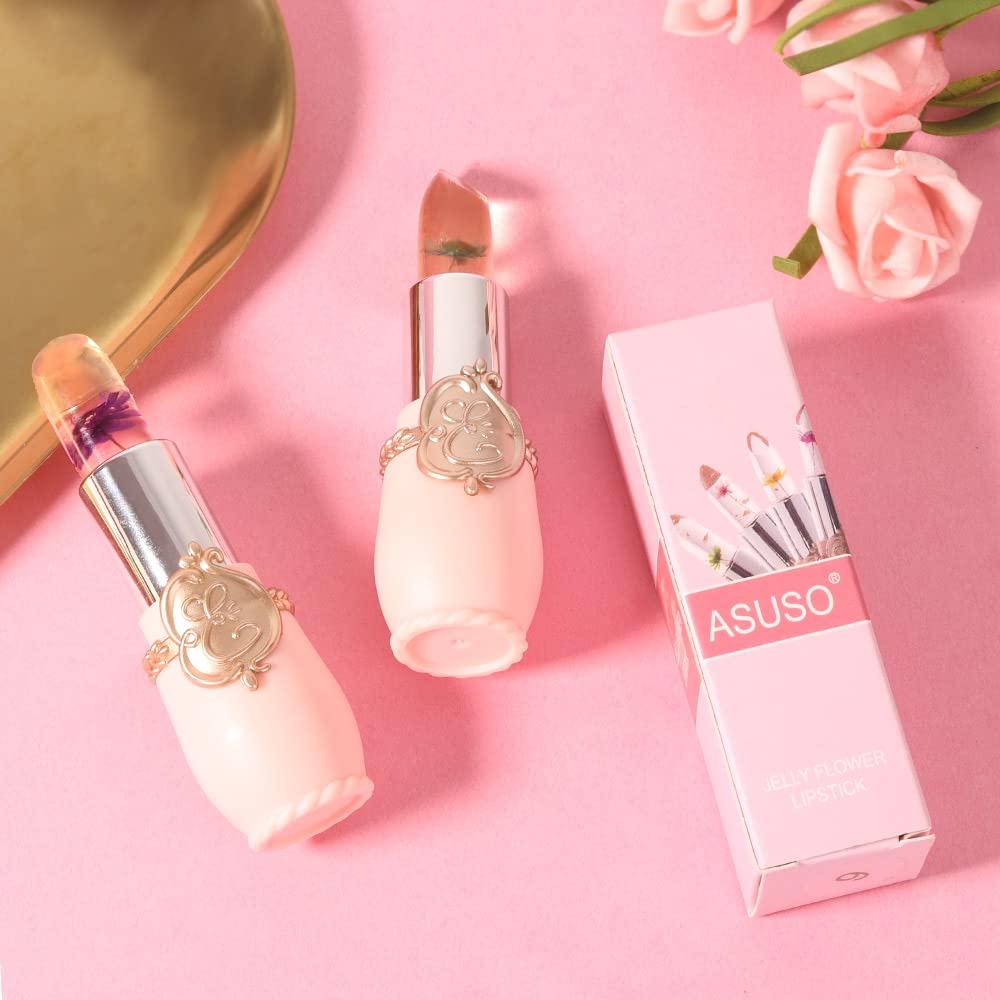 2Pcs Color Changing Lipstick,Pink Crystal Flower Jelly PH Mood Long Lasting Labiales Lip Care Moisturizer Lip Balm Korean Magic Lip Gloss Lip Tinted Stain Makeup Set for Women