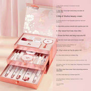 20 pcs pink makeup set box with lipstick, eyeshadow, brushes, and skincare products in a three-tier organizer