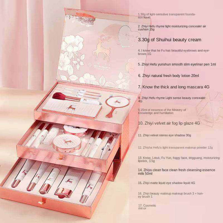 20 pcs pink makeup set box with lipstick, eyeshadow, brushes, and skincare products in a three-tier organizer