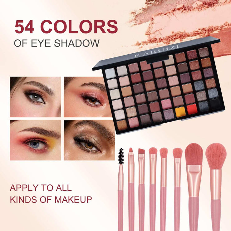 Beginner makeup kit with 54 eyeshadow colors and makeup brushes for girls and women.