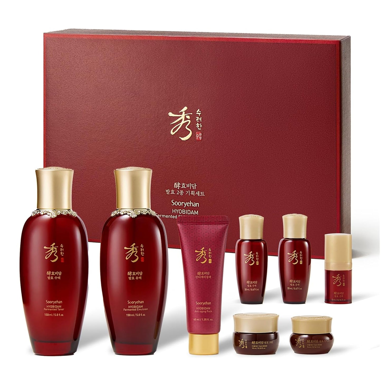 Hyobidam Fermented Skincare Gift Set with Wild Ginseng - Premium Korean Anti-Aging Skin Care Kit for Intense Hydration, 13.53 Fl Oz (Full Size Toner & Emulsion + Mini Cream, Eye Cream, Mask)