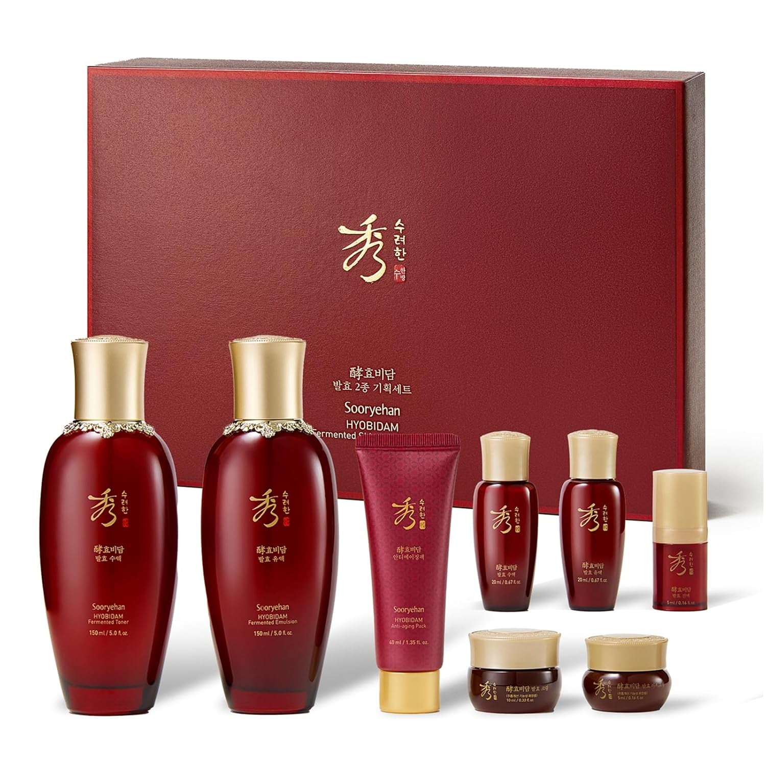 Hyobidam Fermented Skincare Gift Set with Wild Ginseng - Premium Korean Anti-Aging Skin Care Kit for Intense Hydration, 13.53 Fl Oz (Full Size Toner & Emulsion + Mini Cream, Eye Cream, Mask)