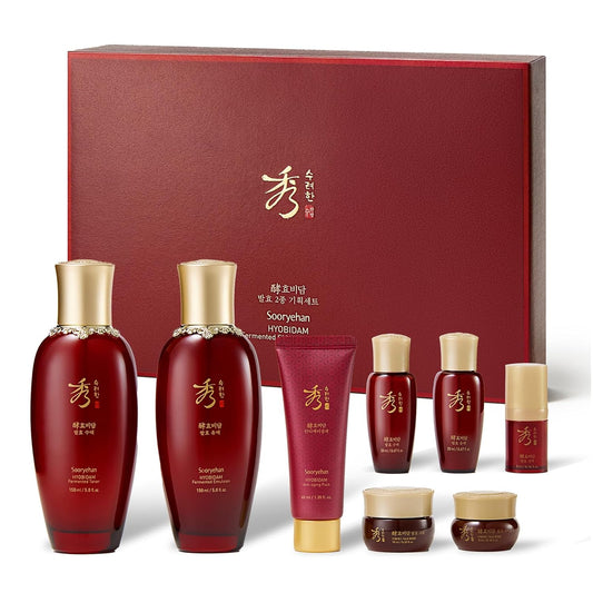 Hyobidam Fermented Skincare Gift Set with Wild Ginseng - Premium Korean Anti-Aging Skin Care Kit for Intense Hydration, 13.53 Fl Oz (Full Size Toner & Emulsion + Mini Cream, Eye Cream, Mask)