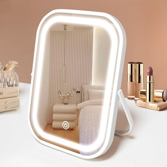 Travel Makeup Mirror with Lights, Portable Small Beauty LED Vanity Mirror with Lights, 1200Mah Battery, Dimmable Touch Screen, Tabletop Folding Compact Mirror,Women Gift