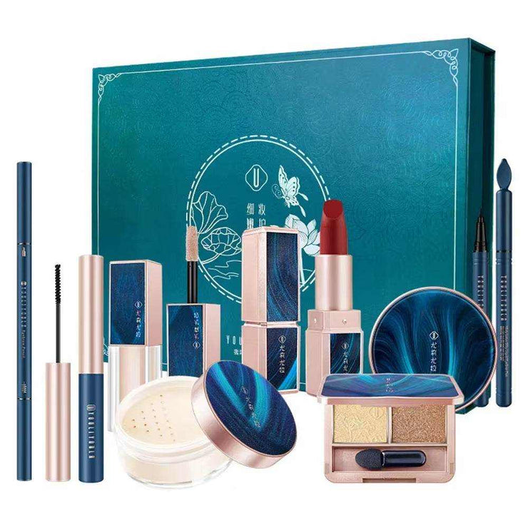 8pcs women’s makeup set gift box with lipstick, eyeshadow palette, concealer, setting powder, eyeliner, mascara, and eyebrow pencil