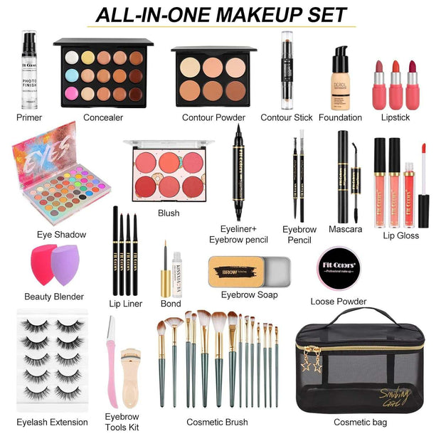 Makeup Set for Teens & Adults – Portable Starter Kit with Storage Bag, Eyeshadow Palette, Foundation & Lip Gloss for Travel