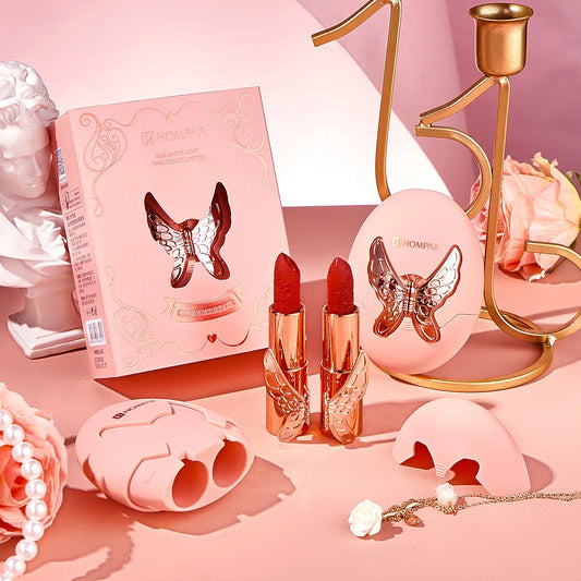 2 Set Lip Butterfly Box Lipstick Matte Velvet Lipsticks Party Lipstick Nonstick Cup Lip Gloss Lips Makeup Waterproof Cosmetics