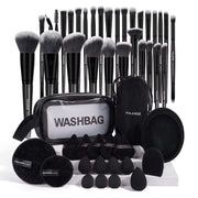 Professional makeup tools kit with 30 brushes, 15 makeup sponges, cleaning puffs, and washbag for travel