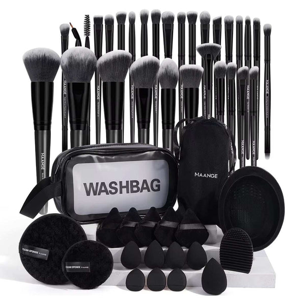 Professional makeup tools kit with 30 brushes, 15 makeup sponges, cleaning puffs, and washbag for travel