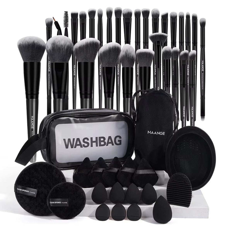 Professional makeup tools kit with 30 brushes, 15 makeup sponges, cleaning puffs, and washbag for travel