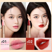 Velvet Matte Lipstick Set with 4 colors including soft pink and vibrant red, long-lasting waterproof formula in elegant gold tubes.