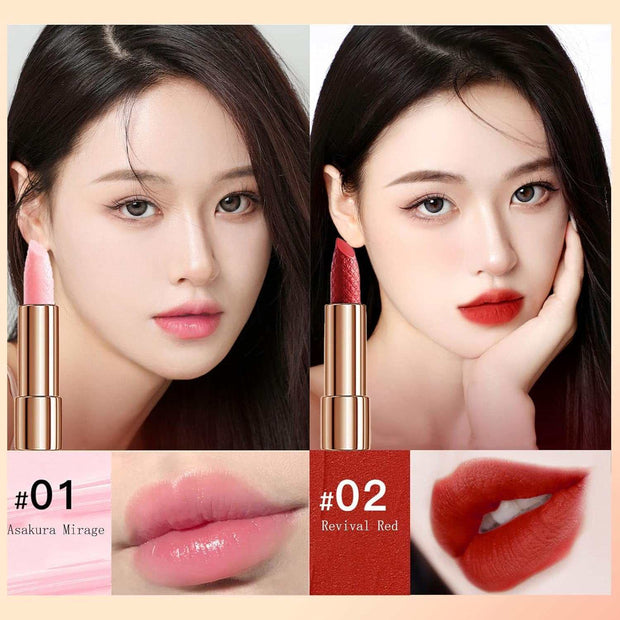 Velvet Matte Lipstick Set with 4 colors including soft pink and vibrant red, long-lasting waterproof formula in elegant gold tubes.