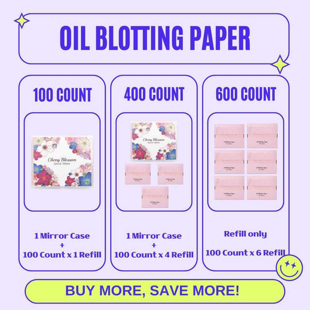 Papel Secante de Aceite Natural de Flor de Cerezo - 100 Unidades + Estuche con Espejo Cuidado de la Piel Coreano | Absorbe el Exceso de Brillo | Ideal para el Rostro