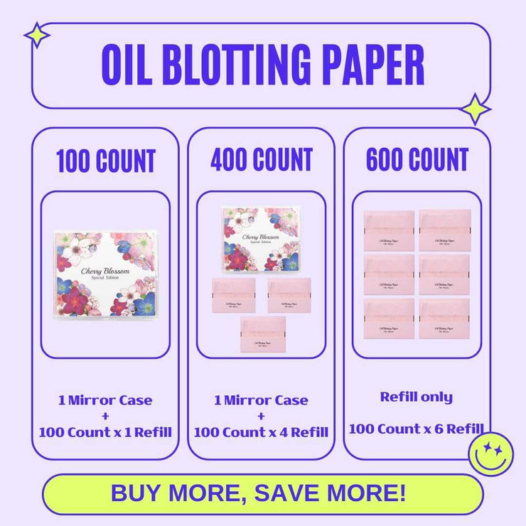 Papel Secante de Aceite Natural de Flor de Cerezo - 100 Unidades + Estuche con Espejo Cuidado de la Piel Coreano | Absorbe el Exceso de Brillo | Ideal para el Rostro