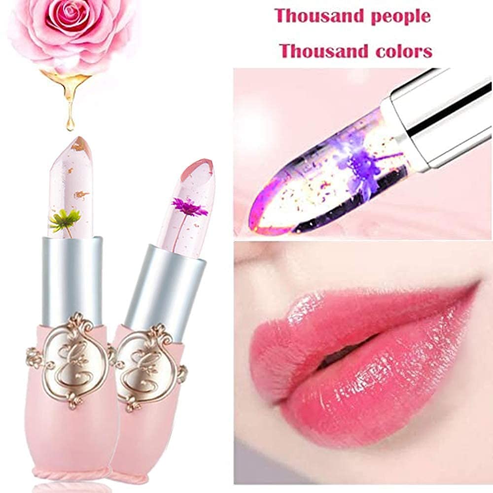 2Pcs Color Changing Lipstick,Pink Crystal Flower Jelly PH Mood Long Lasting Labiales Lip Care Moisturizer Lip Balm Korean Magic Lip Gloss Lip Tinted Stain Makeup Set for Women