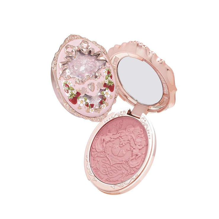 Strawberry Rococo Embossed Blush compact with intricate design and natural rosy pink powder for radiant cheeks
