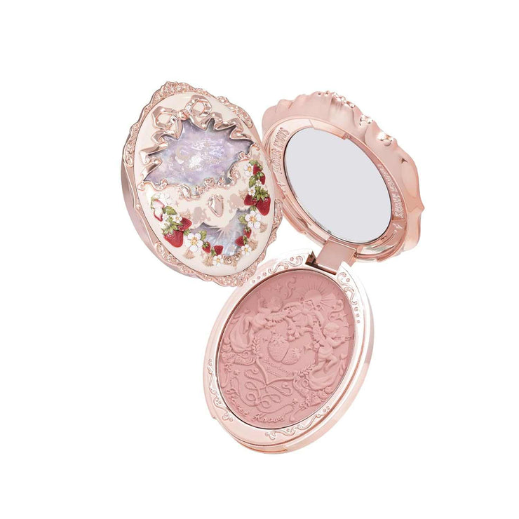 Strawberry Rococo Embossed Blush compact with intricate pink embossed powder and decorative lid with mirror
