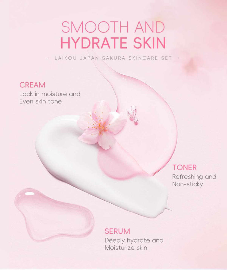 Sakura beauty skin care set with cream, toner, serum for smooth and hydrated skin