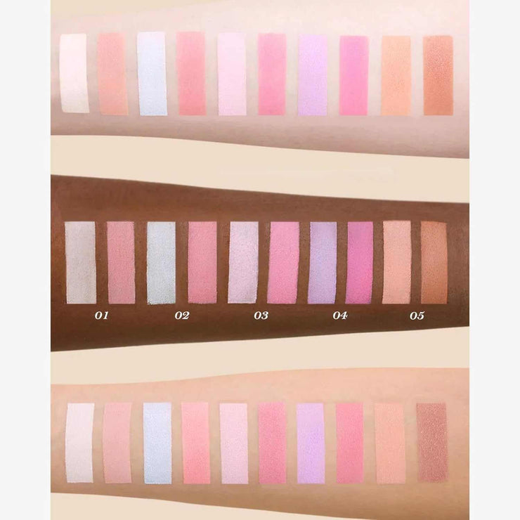 Butterfly Cloud Collar blush and highlighter swatches on different skin tones in pastel pink and matte finishes