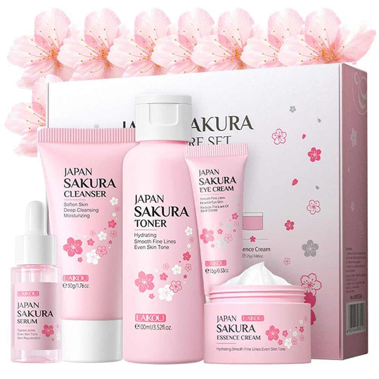 Japan Sakura skincare kit 5-piece travel set with cleanser, toner, serum, eye cream, and essence cream for glowing skin