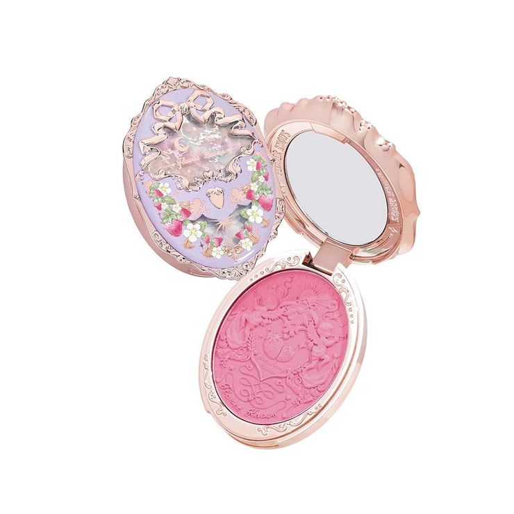 Strawberry Rococo Embossed Blush compact with pink embossed blush and floral detailed lid mirror
