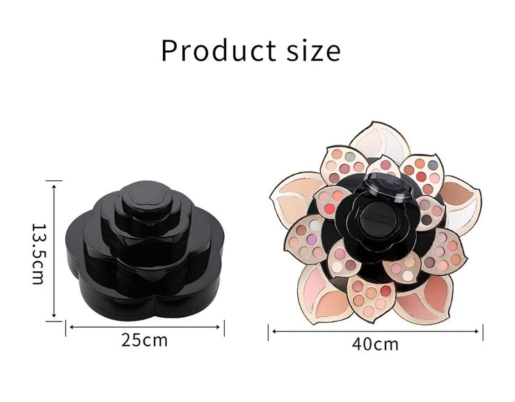 Cosmetic pack of 56 colors flower-shaped makeup palette with compact black case and color variety display, measuring 40cm width and 13.5cm height.
