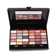 54 Color Cosmetic Pack with eyeshadow, blush, lipsticks, and makeup brushes in a black compact case with mirror