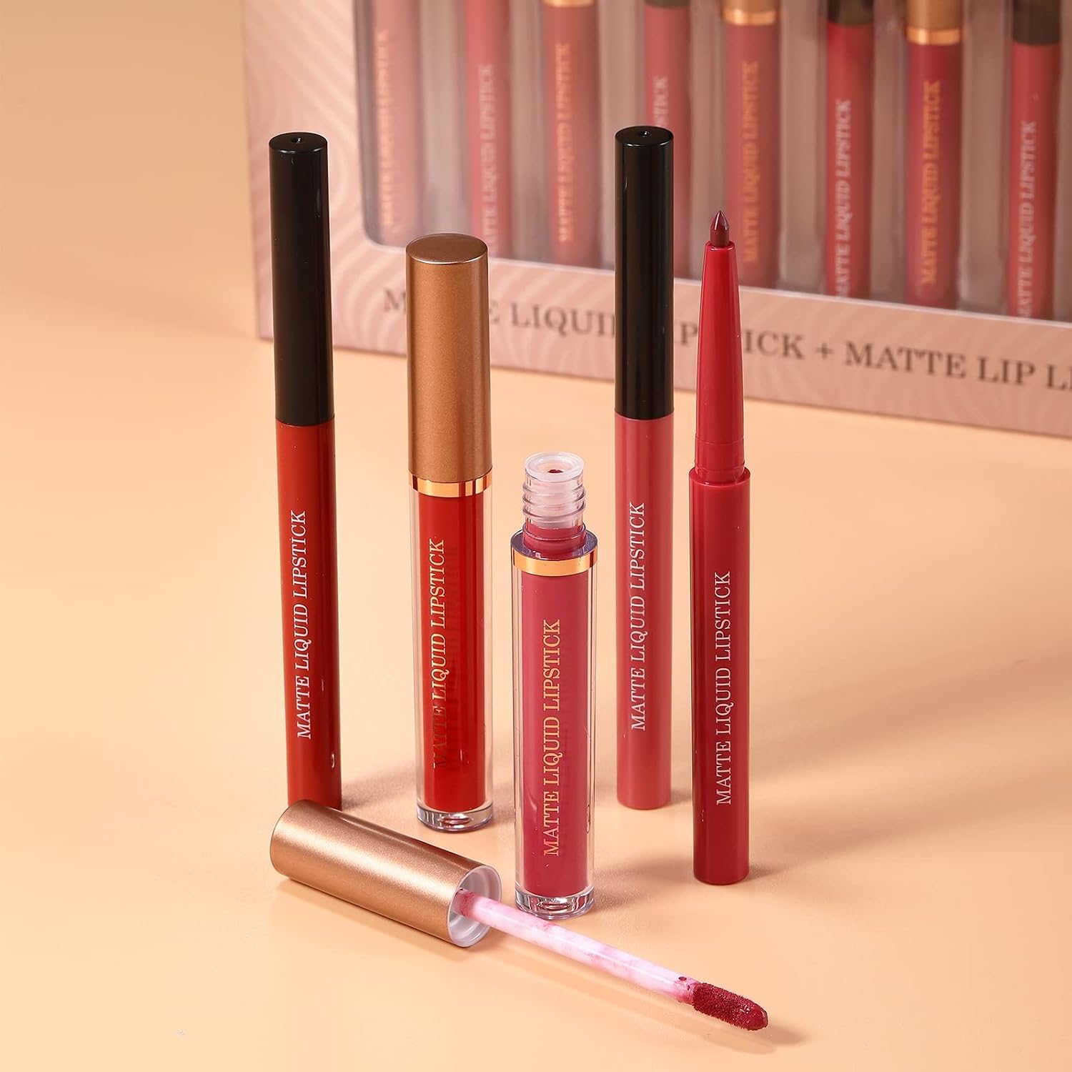 12Pcs Matte Liquid Lipstick + Lip Liner Pens Set, One Step Lips Makeup Sets Pigment Velvety Nude Lip Stain Waterproof Long Wear Lip Gloss Make up Gift Set (Set B)