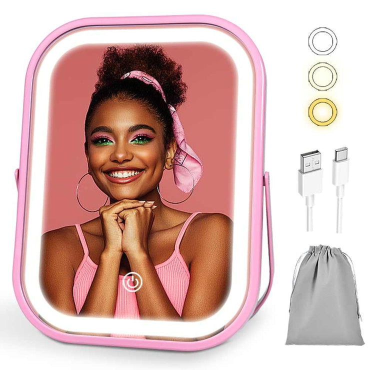 Travel Makeup Mirror with Lights, Portable Small Beauty LED Vanity Mirror with Lights, 1200Mah Battery, Dimmable Touch Screen, Tabletop Folding Compact Mirror,Women Gift