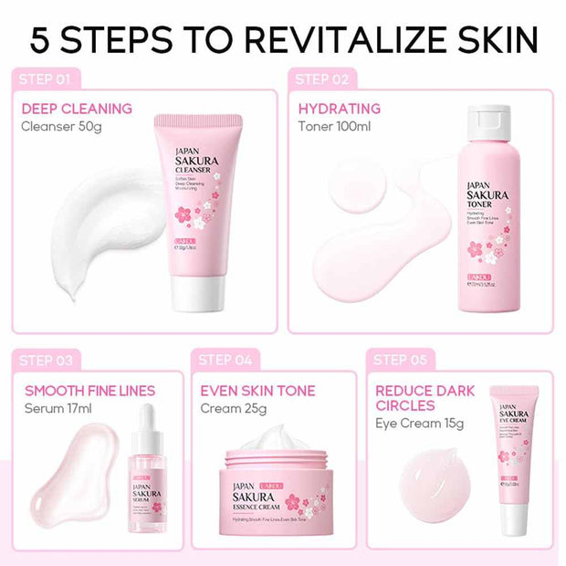 Sakura skincare kit 5-piece travel set with cleanser, toner, serum, eye cream, and face cream for radiant skin