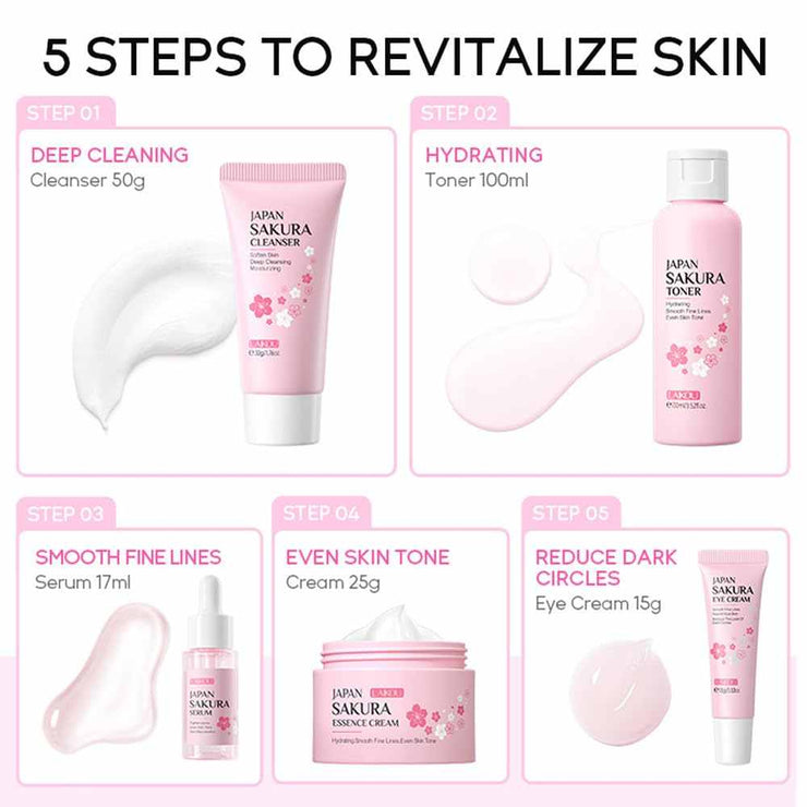 Sakura skincare kit 5-piece travel set with cleanser, toner, serum, eye cream, and face cream for radiant skin