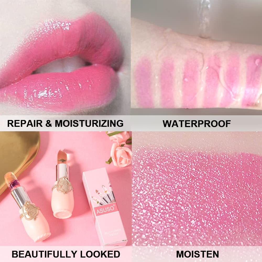 2Pcs Color Changing Lipstick,Pink Crystal Flower Jelly PH Mood Long Lasting Labiales Lip Care Moisturizer Lip Balm Korean Magic Lip Gloss Lip Tinted Stain Makeup Set for Women