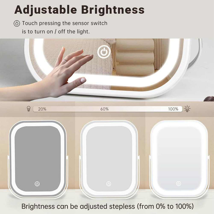 Travel Makeup Mirror with Lights, Portable Small Beauty LED Vanity Mirror with Lights, 1200Mah Battery, Dimmable Touch Screen, Tabletop Folding Compact Mirror,Women Gift