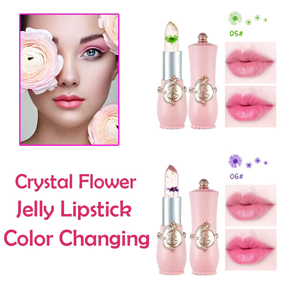 2Pcs Color Changing Lipstick,Pink Crystal Flower Jelly PH Mood Long Lasting Labiales Lip Care Moisturizer Lip Balm Korean Magic Lip Gloss Lip Tinted Stain Makeup Set for Women