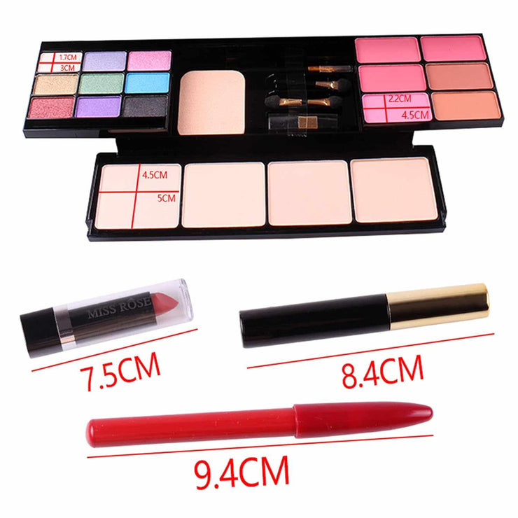 54 Color Cosmetic Pack with eyeshadow, blush, powder, lipsticks, eyeliner, mascara, and brushes in a compact travel makeup kit