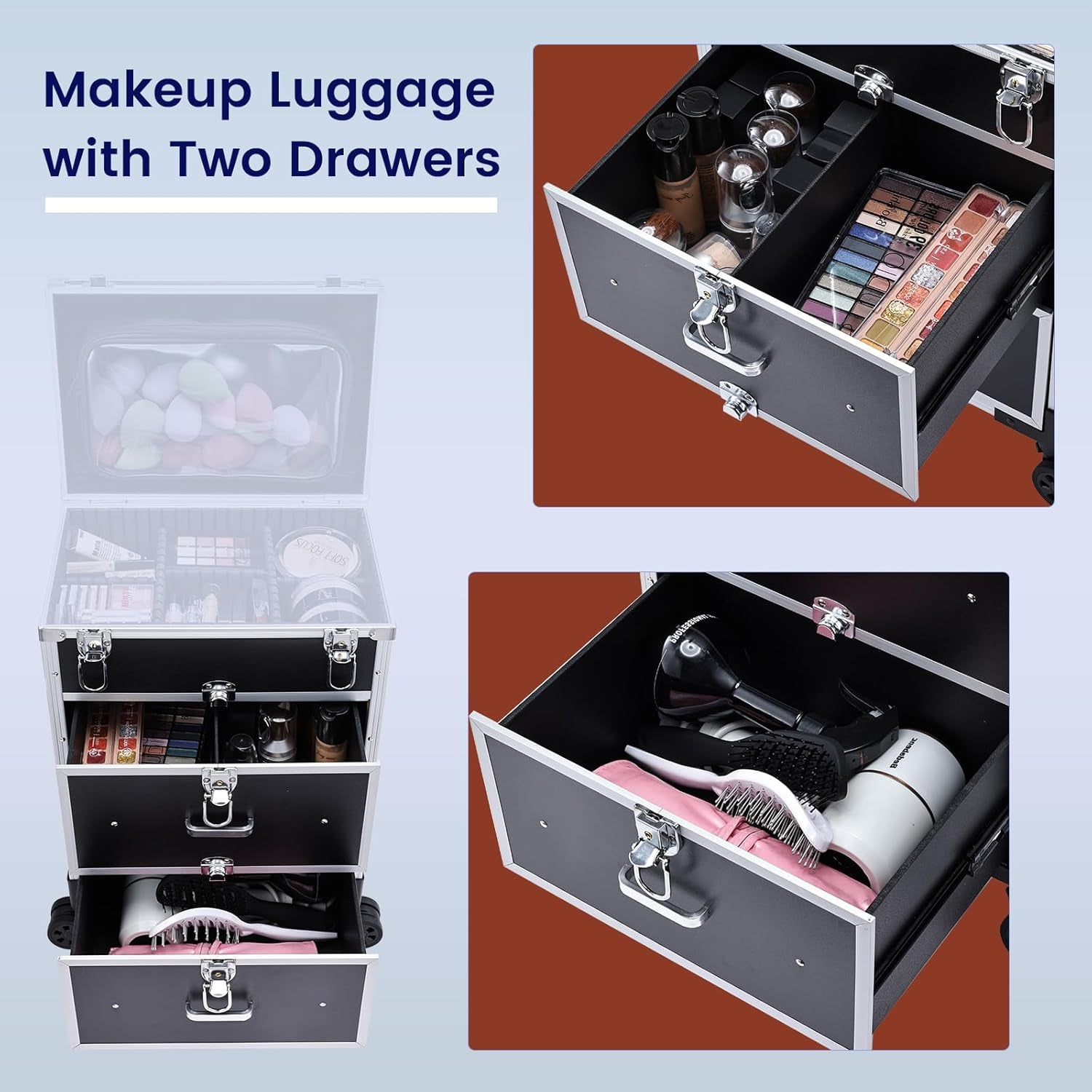 Professional Rolling Makeup Train Case with Drawers, Large Cosmetic Trolley with Locks, Cosmetics Storage Organizer Make up Case for Travel Makeup/Nail Art/Hair Styling, Matte Black