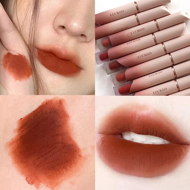 Crema de Lápiz Labial Mate de Terciopelo – Tinte de Labios Rojo Sexy, Hidratante, Brillo de Larga Duración, Maquillaje Impermeable, Cosméticos Coreanos, 6 Colores