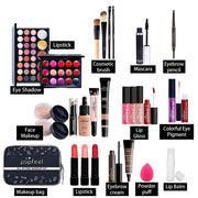 All-in-One makeup kit with eyeshadow, brushes, mascara, eyebrow pencil, lip gloss, lipstick, face makeup, and makeup bag