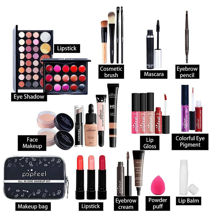 All-in-One makeup kit with eyeshadow, brushes, mascara, eyebrow pencil, lip gloss, lipstick, face makeup, and makeup bag