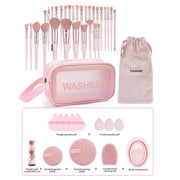 Professional makeup tools kit 30-piece pink brush set with sponge puffs and cleaning accessories in washbag and pouch