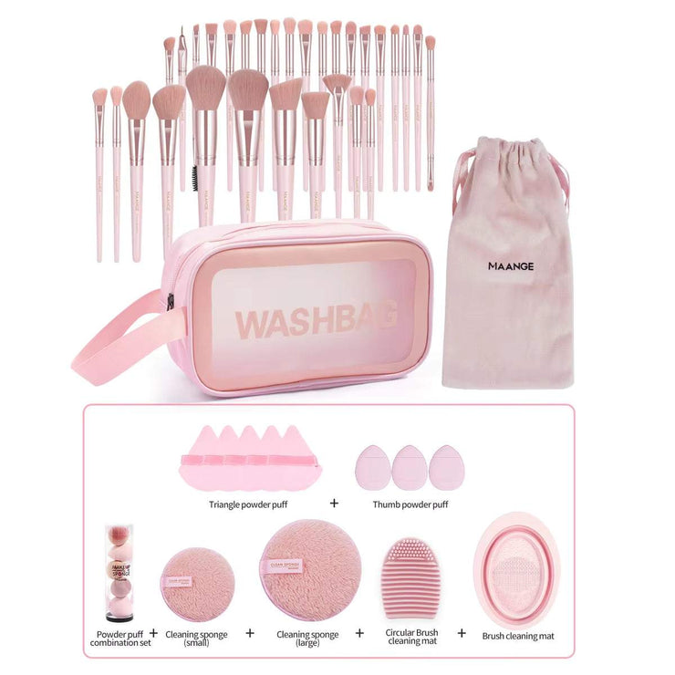 Professional makeup tools kit 30-piece pink brush set with sponge puffs and cleaning accessories in washbag and pouch