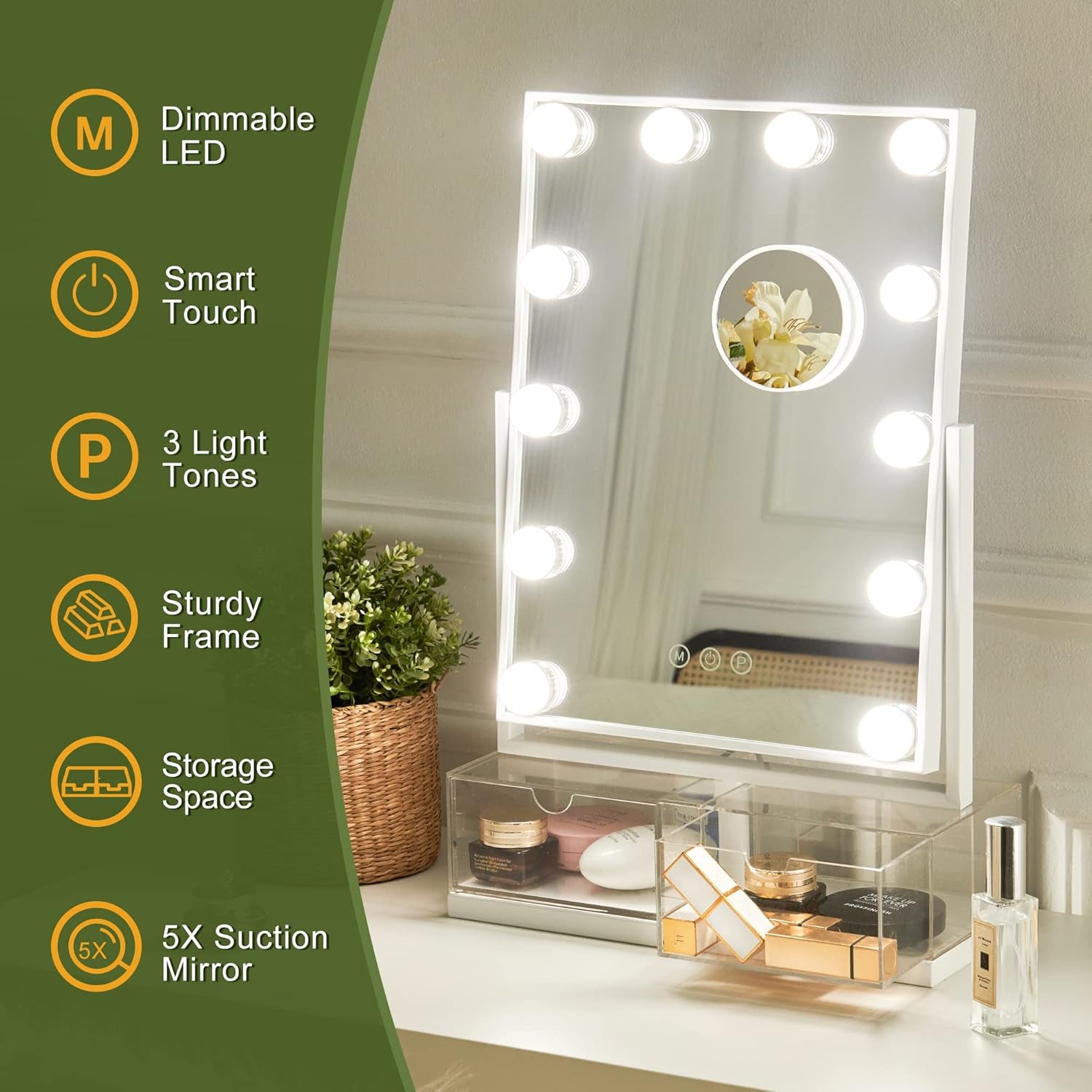 Makeup Vanity Mirror with Lights, Hollywood Makeup Mirror with Dimmable 12 LED Lights, Smart Touch with 3 Colors Adjustment and Rotation-Free