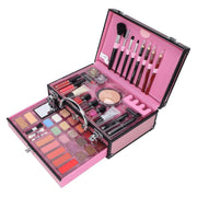 Full makeup kit with eyeshadows, lipsticks, brushes, and powders in a portable pink case for daily and professional use