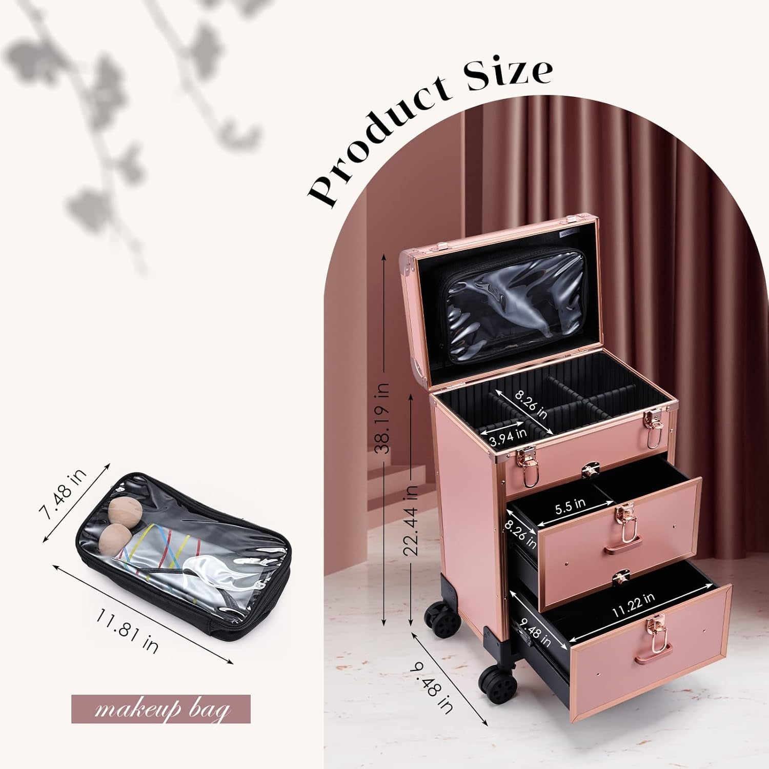 Professional Rolling Makeup Train Case with Drawers, Large Cosmetic Trolley with Locks, Cosmetics Storage Organizer Make up Case for Travel Makeup/Nail Art/Hair Styling, Matte Gold