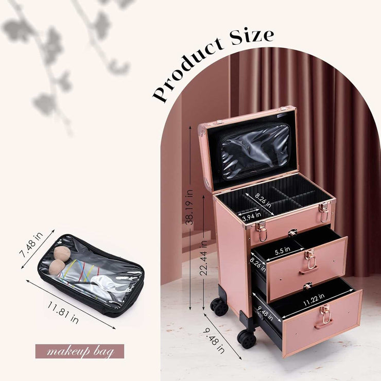 Matte gold rolling makeup case with drawers and locks, large travel cosmetic trolley with wheels and organizer compartments